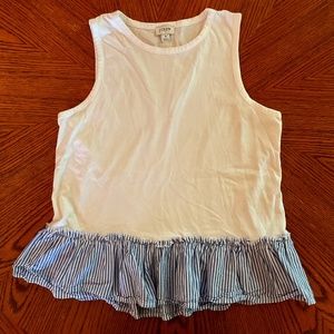 J. Crew white cotton tank with blue stripped ruffle